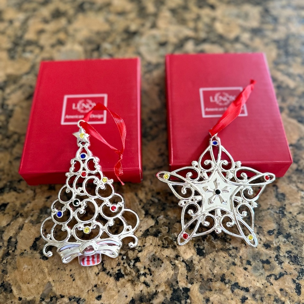 2 Lenox multi crystal Snowflake and a Christmas tree silverplated ornaments